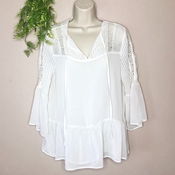 Gorgeous Women's S Boho Peasant Top White Ruffles Lace Victorian V-Neck Tie Neck - Picture 1 of 4